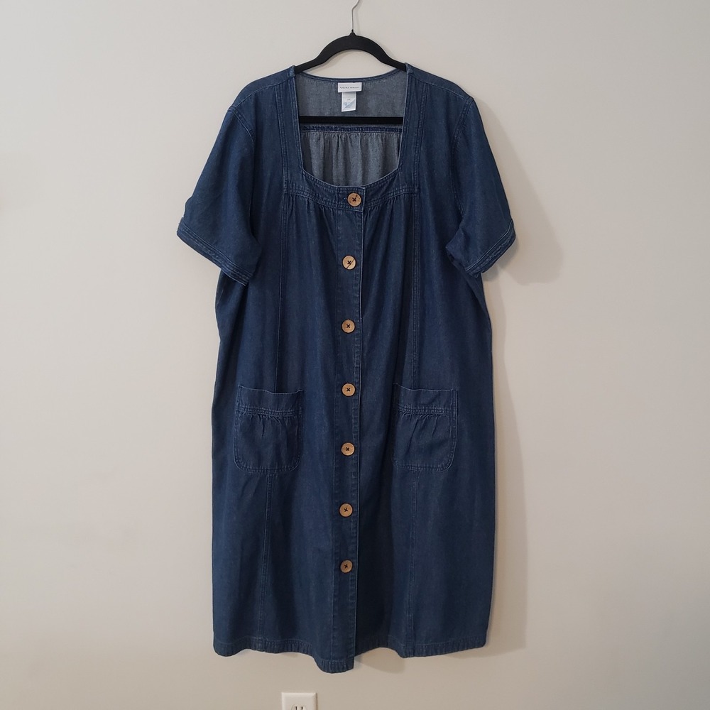 Vintage 90s  Vicki Blue Denim Midi Jean Dress SIZE 3X Button Up Minimal Modest